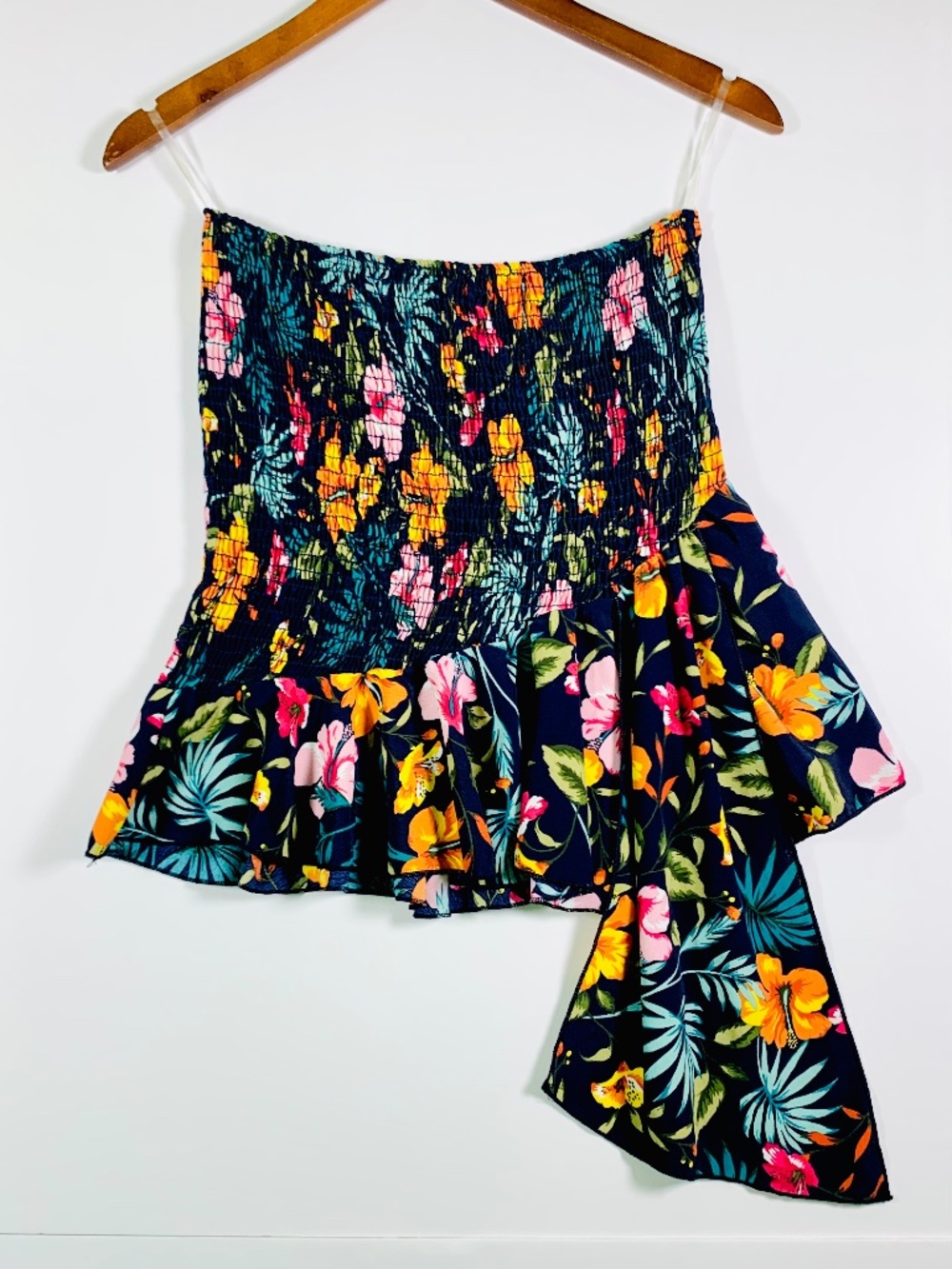 Tropical/Floral blue strapless tube top multicolored smocked bodice ruffled hem